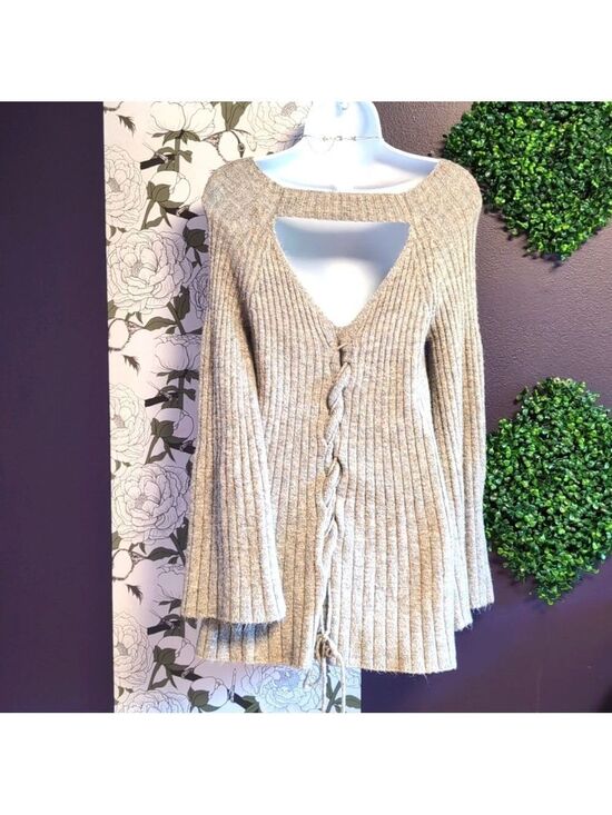 LC Lauren Conrad Tops - Lace Up Back Soft Pink & Heather Gray Bell Sleeve Tunic Sweater